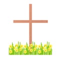 Wooden cross on white, yellow daffodils. Christian religion symbol object isolated